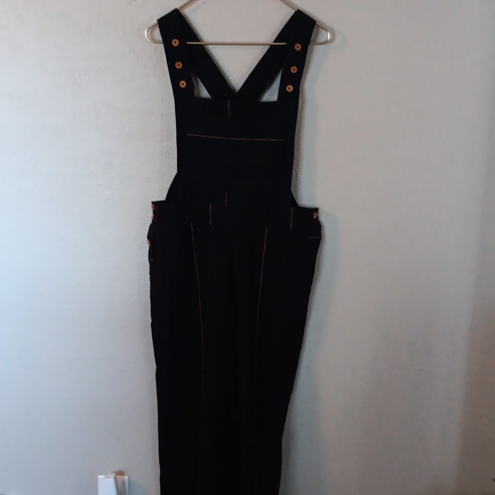 Black Women's Denim Overalls Jumpsuit with Contrast Stitching